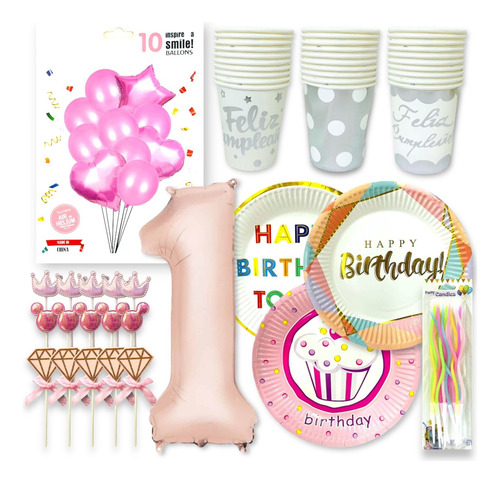 Set De Cotillón Fiesta Cumpleaños Globos Platos Vasos Kit 