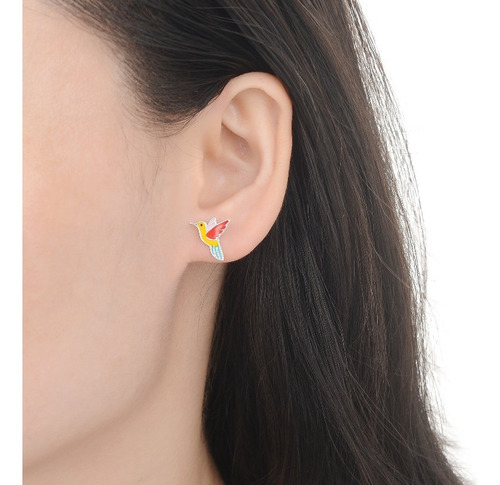 Aros De Colibrí Esmaltado Plata 925 Mujer