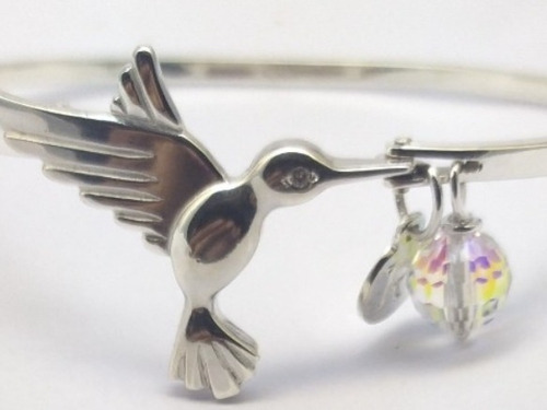 Hermosa Esclava Colibrí En Plata Con Dije Grabado Y Piedra 