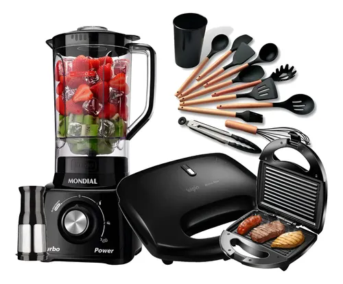 Kit Liquidificador Mondial + Sanduicheira + Jogo De Cozinha