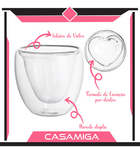 Kit 2 Copos Vidro Borossilicato Parede Dupla Coração 80ml