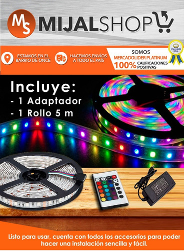 Tira De Led 5050 Rgb Rollo 5 Metros Con Control Colores Kit