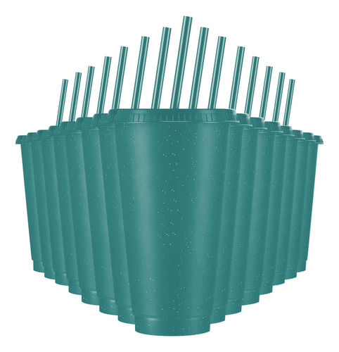 Vasos Reutilizables De 24 Oz Con Tapa Y Popote, 15 Piezas Color Verde Oscuro