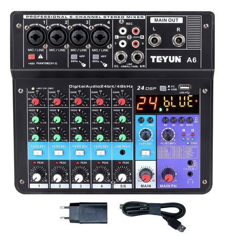 Mesas De Som Mixer Usb Bluetooth Teyun A6 6 Canais Com 24dsp