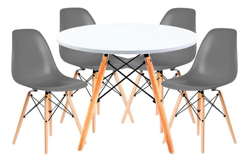 Juego Comedor Eames Mesa Redonda 80cm + 4 Sillas Eames Color Gris Diseño de la tela de las sillas Liso
