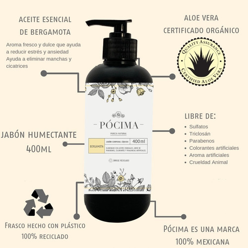 Jabón Líquido Pócima, Aceite Esencial Bergamota. 400ml