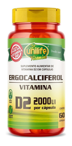 Ergocalciferol Vitamina D2 Unilife 60 Cápsulas 5mcg D Vegan