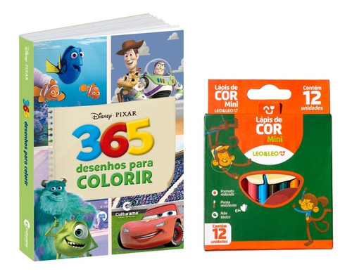 Kit Livro De Colorir 365 Desenhos Pixar + Lápis De Cor