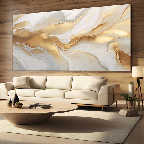 Quadro Sala Abstrato Dourado Luxo Decorativo Grande 130x70 Armação Impresso Nas Laterais 3cm