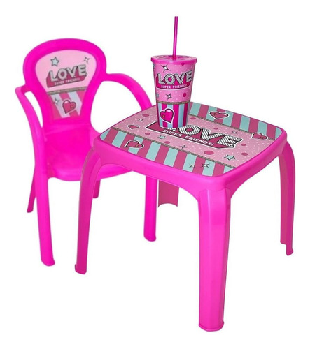 Kit Infantil De Mesa Com Cadeira E Copo Com Canudo Usual Cor Rosa Love