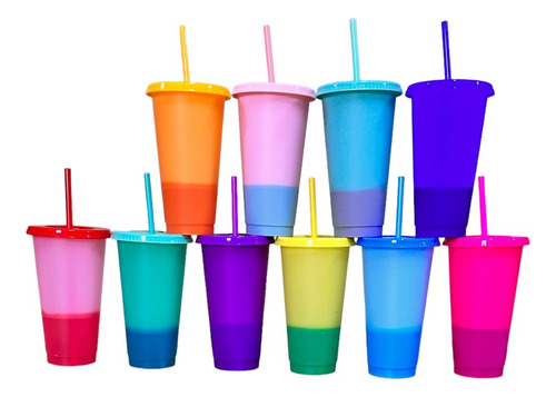 Vasos Magicos Cambian De Color Con Tapa Y Popote 700ml 10pzs