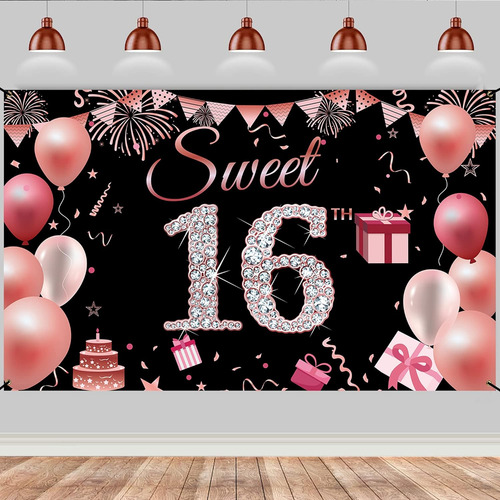 Cartel De Cumpleaños Con Texto En Inglés Sweet 16 , Decorac