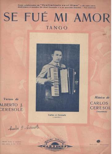 Partitura Del Tango Se Fue Mi Amor De Alberto Y Carlos Ceres