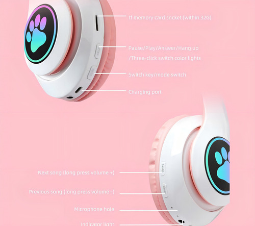 Fone de ouvido gatinho sem fio Catear D47 rosa com luz multicolor LED