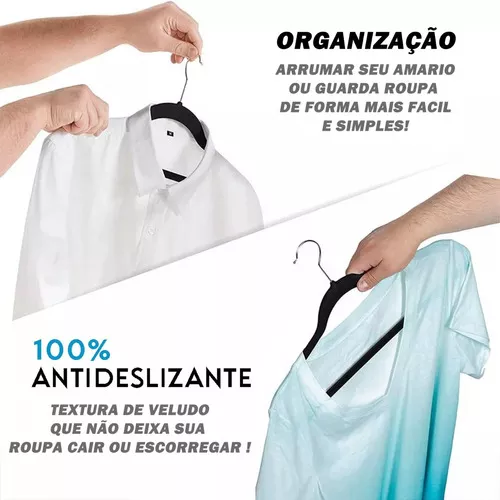 Cabides Veludo Ultra Fino Antideslizante Preto - Kit 50 Cor Preto/Prata