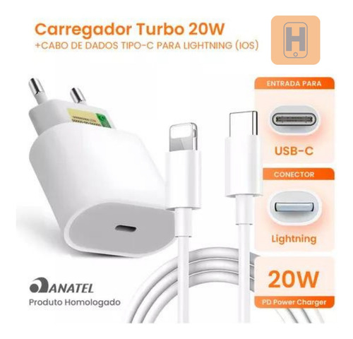 Carregador Turbo 20w P/ iPhone 8 Plus X Xr 11 12 13 Pro Max