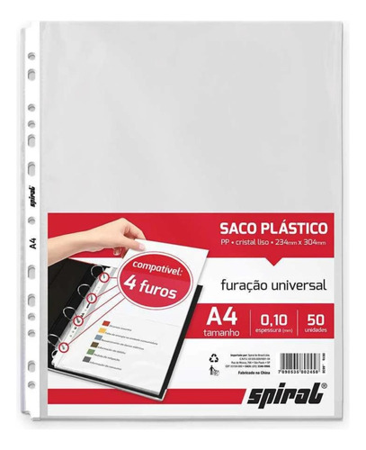 Saco Plástico Para Fichário A4 Furo Universal 0,10mm 50 Uni Cor Transparente