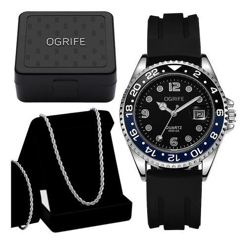 Relogio Corrente Masculino Prata Kit-75 Colar Aço Inox 316l