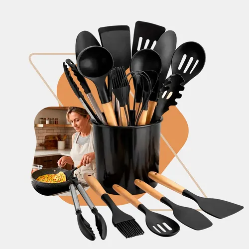 Kit 12 Utensílios Cozinha Silicone Cabo Madeira Escumadeiras Preto