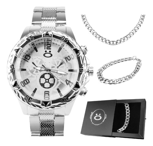 Relogio Masculino Aço Inox + Pulseira + Caixa + Corrente