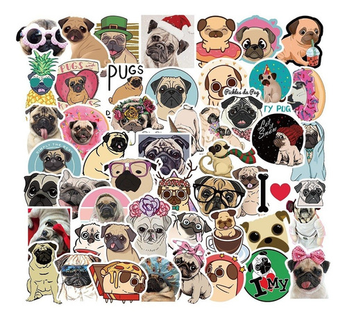 50 Stickers Perro Pug Kawaii - Etiquetas Autoadhesivas