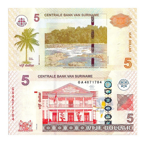 Billete De Surinam 5 Dollars Nuevo Sin Circular 2012- Banco