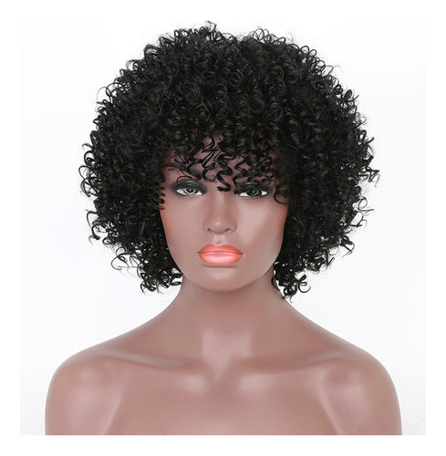 Peluca De Cabello Humano Corto Tipo Negro Afro Curl + Cap