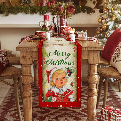 Camino De Mesa Navideño Beige Y Rojo Santa Claus Con Renos