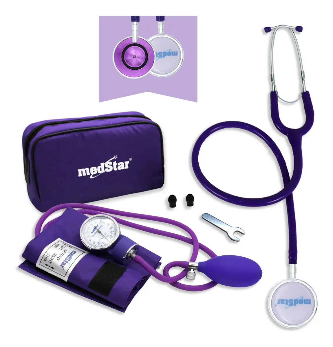 Kit Baumanómetro Aneroide Con Estetoscopio De Doble Campana Color Violeta Duplex Medstar, Brazalete De 23-32 Cm, Tamaño Estándar