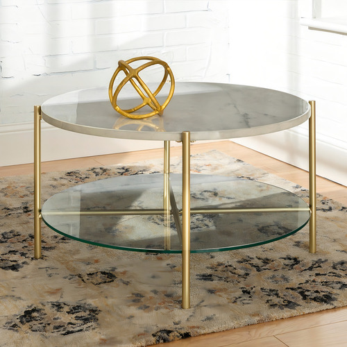 Mesa De Centro De Metal, Vidrio Y Mármol Walker Edison Color Blanco/dorado