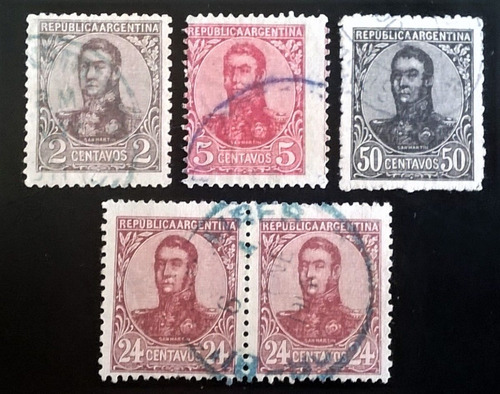 Argentina, Lote 5 Sellos S Martín Óvalo 1908 Matasell L12183