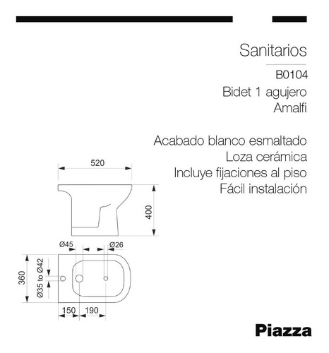 Imagen 2 de 8 de Bidet Santiario Piazza Amalfi Diseño Blanco Baño Loza 1 Aguj