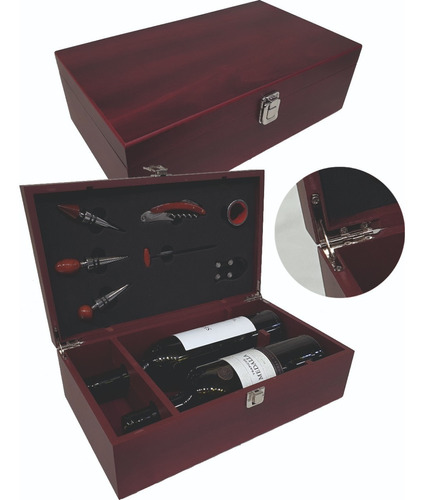 Estuche Madera Lustre Roble Con 8 Acces Vino Para 2 Botellas