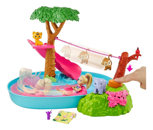Conjunto Aventura No Rio - Acompanha Acessórios E Boneca Menina Chelsea - Com Mini Animais Pets Escorregador Na Água E Tirolesa - Dreamhouse Adventures - Irmã Da Barbie - Mattel Brinquedos