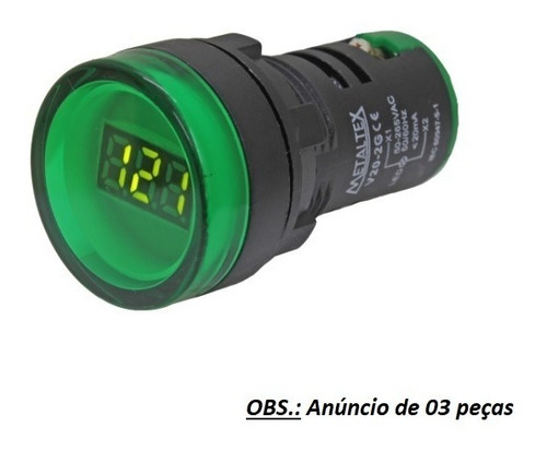 Voltímetro Digital Metaltex Verde 22mm V20-2g 50-265vca