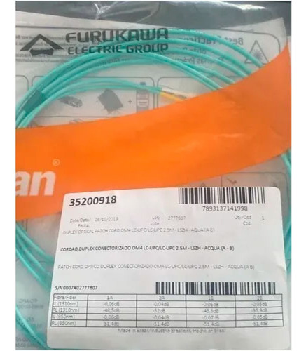 Cordão Cabo Óptico Duplex Mm 50 Om4 2.5m Furukawa 35200918