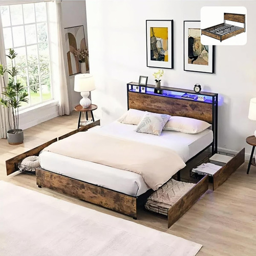 Base Cama Matrimonial Con Cabecero Y Luz Led Y 4 Cajones