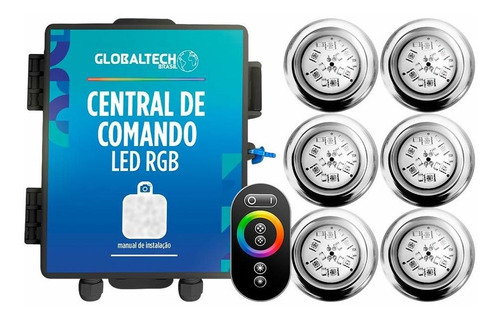 Kit 6 Refletor Led Piscina Rgb 9w Inox + Central Touch 110V/220V