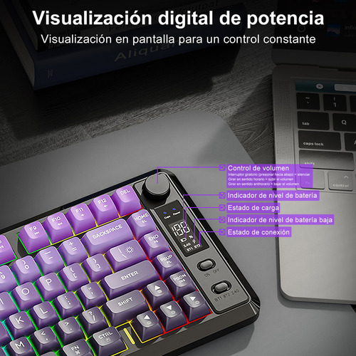 Teclado Free Wolf M75 Rgb Inalámbrico Bluetooth Con Pantalla Violeta