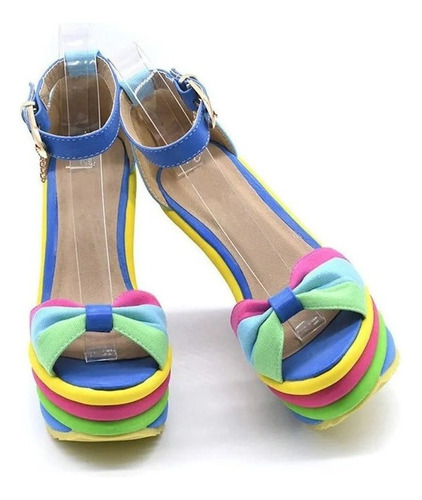 Cuñas Altas Multicolor Patchwork Sandalias Peep Toe Tacón Al