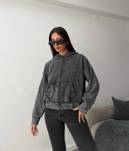 Campera Buzo Jaspeado Con Capucha Mujer Moda Vintage Premium