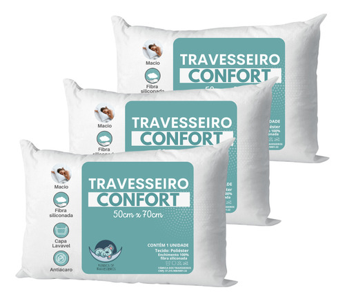 Kit 3 Travesseiros Antialérgico 50x70 Macio Fibra Siliconada Cor Branco