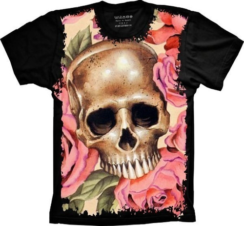 Camiseta Unissex Preta Plus Size Caveira Skull Rosas