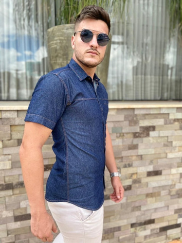 Imagem 5 de 9 de Camisa Jeans Premium Masculina Slim Manga Curta Promoção