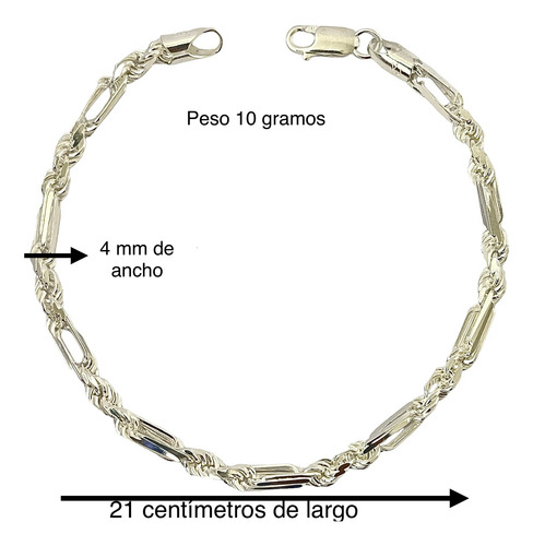 Pulso De Plata Italiano Torsal Fígaro 4mm Ancho,21cm Largo