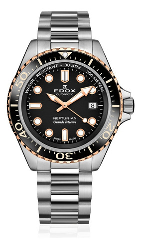 Reloj Edox Neptunian Grande Réserve Date Mod 80801-3nrm-nir Correa Plateado Bisel Negro Fondo Negro