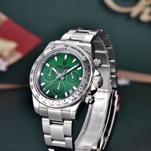 Pagani Design Reloj Hombres Cuarzo Luminoso Impermeable Correa Plateado Bisel Plateado Fondo Verde