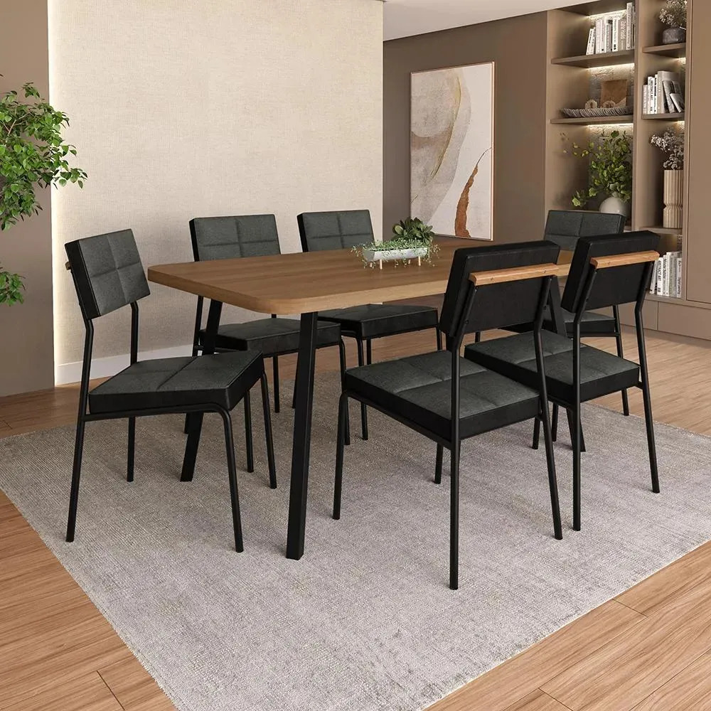 Conjunto Sala De Jantar 6 Cadeiras Una Carraro Nogal Preto Preto