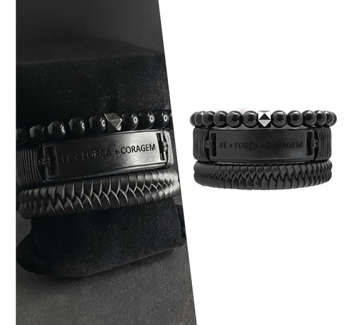 Pulseiras De Couro Masculina Religiosa Fé Força Kit C/03