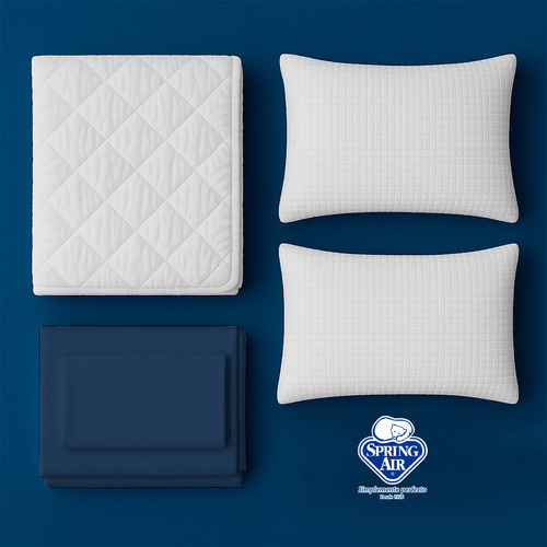 Kit De Descanso Spring Air 2 Almohadas + Protector + Sábanas Azul Oscuro Liso Queen